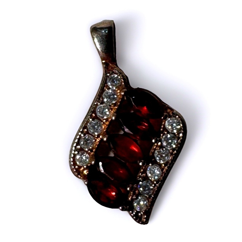 Vintage Red Garnet Marquise Pendant Silver Tone Shield Shape White Accents